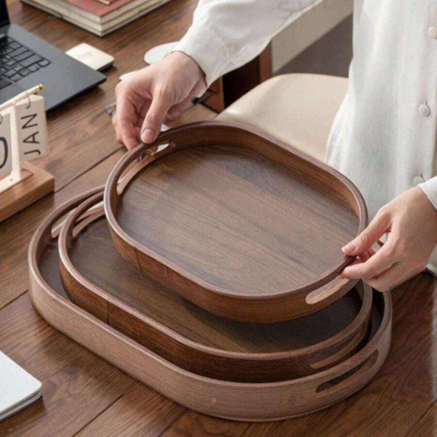 Walnut Wood Oval Design Tray With Handle, Suitable For Serving Food, Snacks, Drinks, Sushi, Steak, Pizza, Desserts, Cakes, Bread, Breakfast Tray, Coffee Tray, Tea Tray, Charcuterie Platter - Maroon - View 1