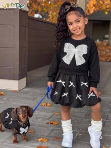 Vihyde Young Girls 2 Pieces Outfit, Cute Long Sleeve Crew Neck Sweatshirt With Big Bow Applique & Bow Decor Bubble Skirt Set - Black and White - View 2