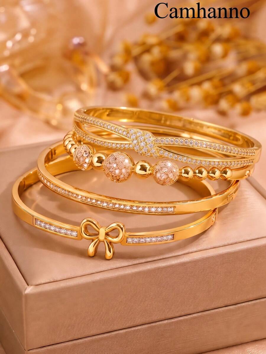 4/1pc Ladies' 18K Gold Plated Stainless Steel And Copper Bracelet Exquisite Multi Style Combination Set Temperament Layered Commuting Bracelet - Gold - View 1