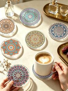 6/1pc Set Transparent Acrylic Mandala Coasters, Round Heat-Resistant Coffee Cup Mats, Scratch-Resistant Heat-Insulating Desk Protection Pads, Bohemian Floral Decorative Coasters, Suitable For Home Kitchen Bar Office Beverage Tea Cups, Home Desktop Decoration - Multicolor - View 6