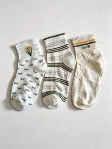 1/3 Pasang Kaos Kaki Wanita Setengah Betis dengan Manset Berkerut, Katun Lembut dan Bernapas, Motif Garis Bunga dan Wajah Tersenyum, Gaya Pastoral Hutan, Mode Sehari-hari, Paket Multi - MultiWarna - View 6