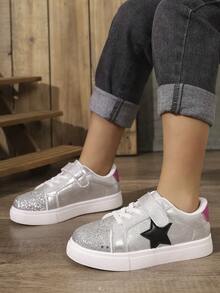 Children's Casual Colorblock Star Glitter Campus Versatile Fashion Hook-And-Loop Sneakers - Silver - View 4