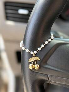 1pc Cherry Pendant Pearl Chain Steering Wheel Hanging Decoration Car Interior Decor Accessory - A - View 1
