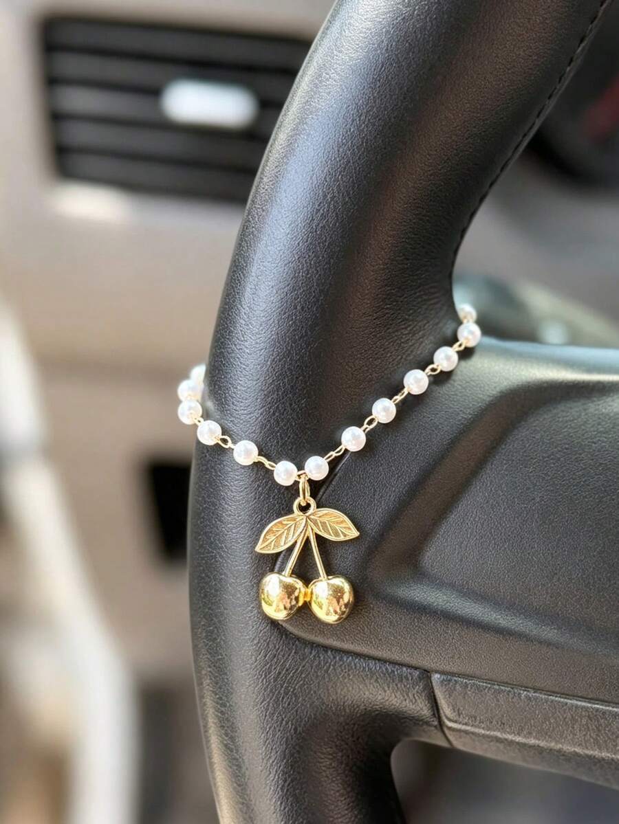 1pc Cherry Pendant Pearl Chain Steering Wheel Hanging Decoration Car Interior Decor Accessory - A - View 1