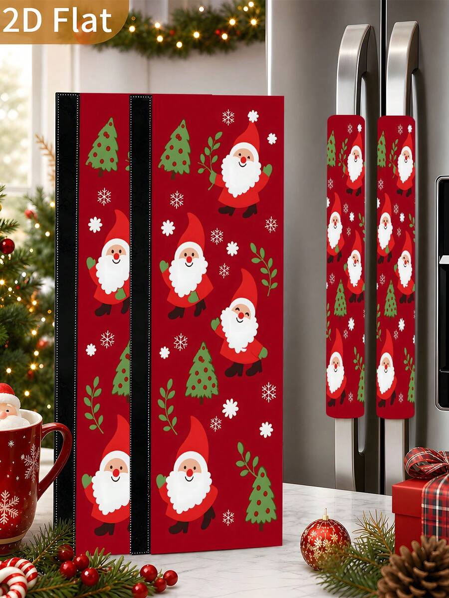1/2Pcs Christmas Refrigerator Handle Covers, Santa Claus & Christmas Tree Pattern, With Hook And Loop, Suitable For Refrigerator, Oven, Microwave, Dishwasher, Christmas Holiday Kitchen Decor - View 1