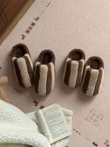 XIXITIAO Striped Thermal Slippers For Men And Women, Winter Anti-Slip Warm Home Soft Sole Couple Niche Colorblock Fuzzy Shoes - Dark Brown - View 3