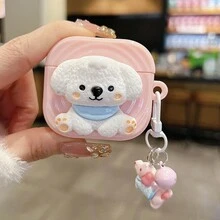 1pc Pink 3D Puppy Design Protective Case Compatible With Apple Bluetooth Earphones + Puppy Pendant - Pink Puppy - View 11