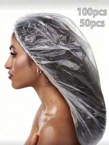 100/50pcs Disposable Shower Caps, Plastic Transparent Large Size Extra Long Elastic Waterproof Bath Caps, Portable Travel Hair Accessories For Women - White - View 1