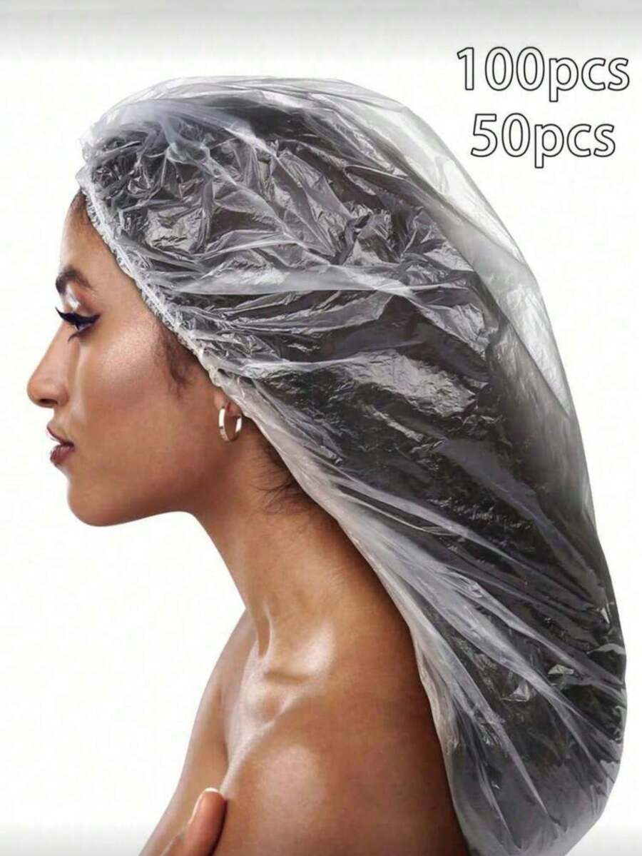 100/50pcs Disposable Shower Caps, Plastic Transparent Large Size Extra Long Elastic Waterproof Bath Caps, Portable Travel Hair Accessories For Women - White - View 1