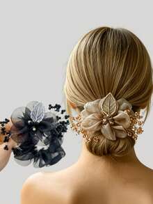 1/2pcs Women's Fashion Mesh Floral Crystal Headband, Suitable For Low Ponytail Or Large Braided Hair Styling - Multicolor - View 7