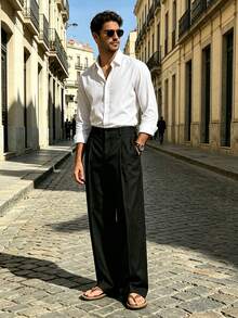 Men's Solid Color Straight Leg Casual Pants With Pockets, Daily Commute, Vacation Leisure - Black - View 4