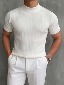 Men's Classic Half-High Neck Vertical Striped Short Sleeve Sweater, Suitable For Daily Theme Events And Business Dinners - White - View 4