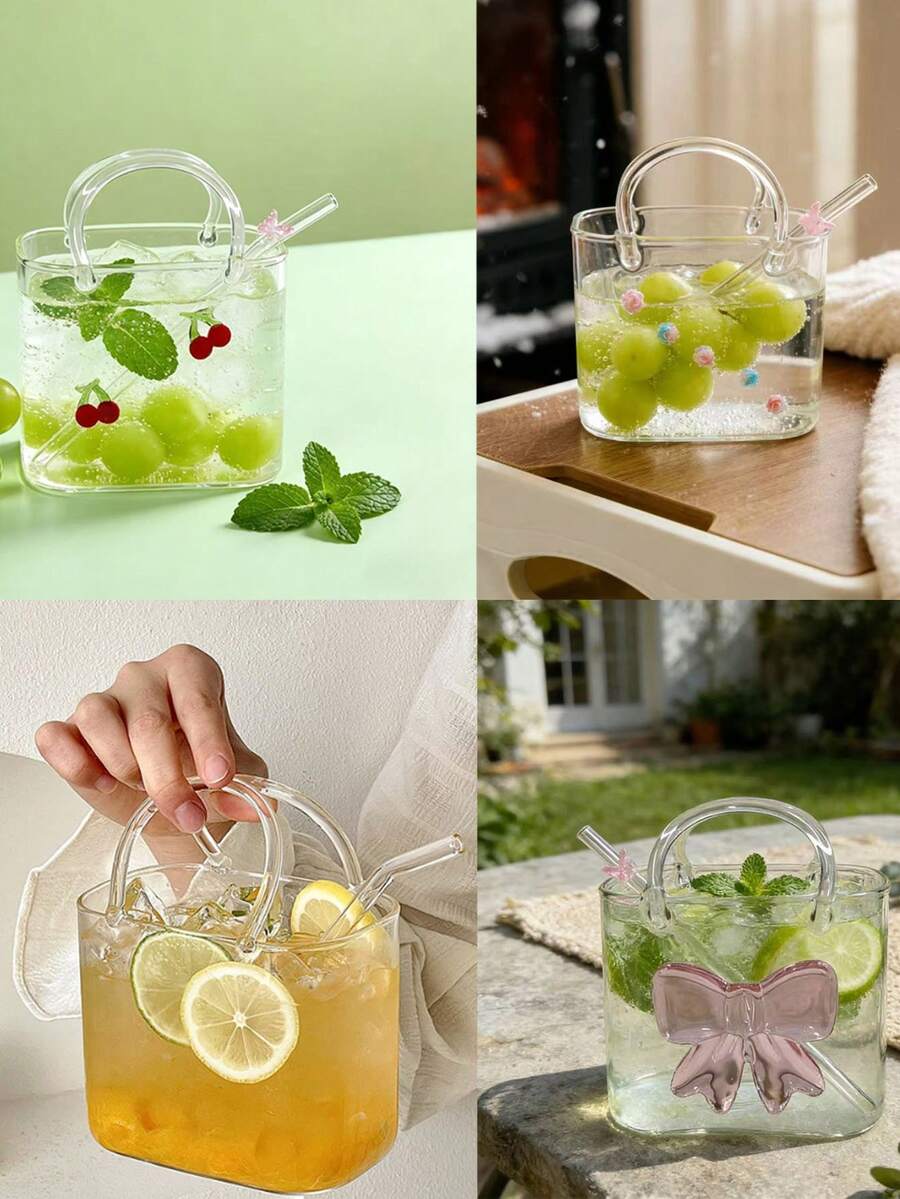 قطعة واحدة كوب زجاجي سعة 700 مل مع مقبض، كوب شاي فاكهة إبداعي، كوب عصير مع قشة، كوب منزلي بسعة كبيرة، هدية مثالية للعطلات - متعدد الألوان - مشاهدة 1