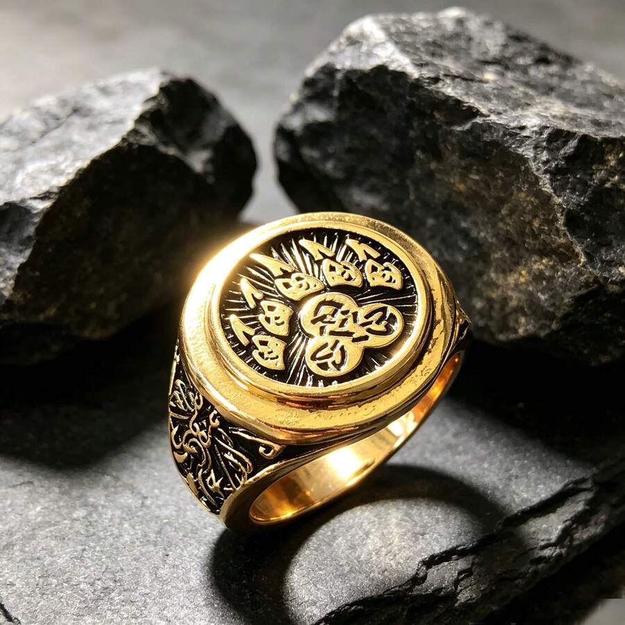 Vintage Totem Emblem Gold Men's Ring, Punk Gothic Style Pattern Wide Band Ring, Personalized Men's Accessory, Halloween Gift - Multicolor - View 1