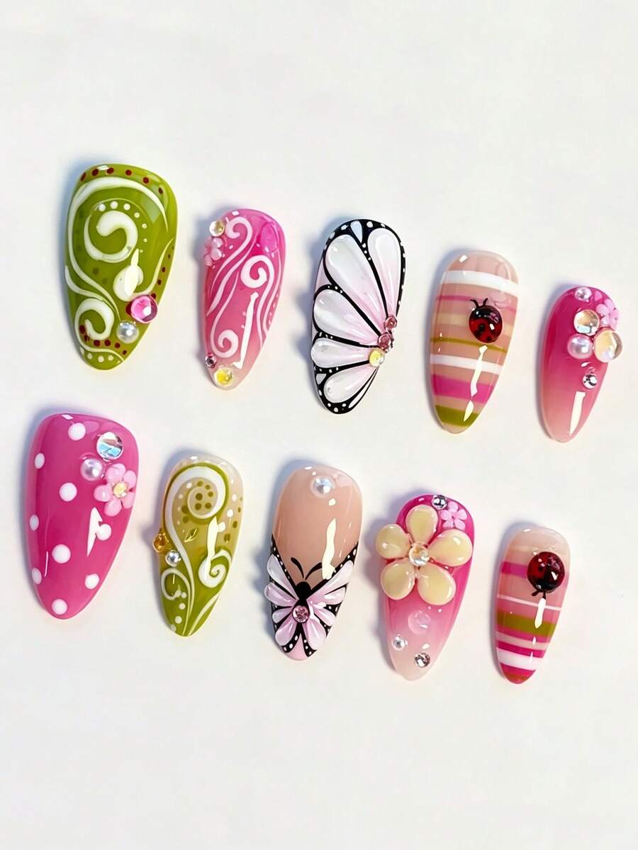 10pcs Autumn/Winter 3D Butterfly & Ladybug Press-On Nails – Vintage Pink-Green Gradient With Polka Dots & Stripes; Medium Almond Shape; Suitable For Music Festivals, Vacations, And Parties. - Multicolor - View 1