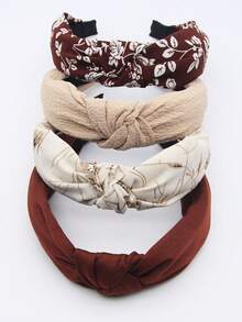 4pcs/Set Women's Solid Color Coffee Flower Fabric Wide Headband With Knot, Simple Washable Hair Accessory For Daily Wear - Multicolor - View 1