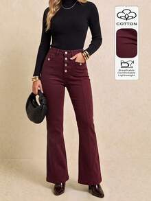Burgundy Denim Flare Pants, Street Style Casual Long Pants For Women - Burgundy - View 2
