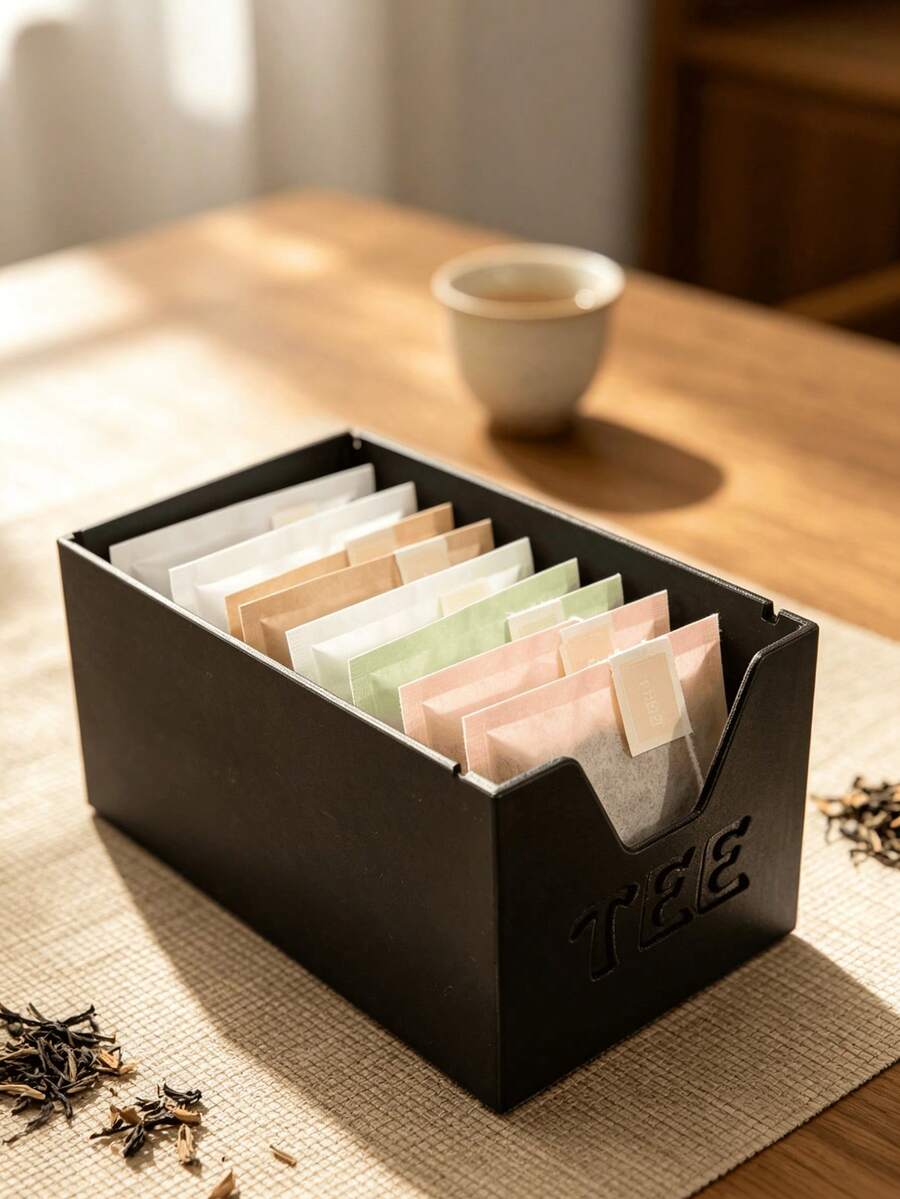1/2 st nordisk teepåseförvaringsbox med utskuren TEE-logotyp, flerfacksorganisatör, platsbesparande förvaringsbehållare för bänkskiva för teepåsar och kaffepinnar till hem och kontor, presentalternativ - Svart - Visa 1