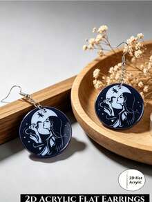 1Pair Dark Blue Moon Witch Lady Round 2D Flat Acrylic Dangle Earrings For Women Halloween Party Decor No Box. - Witch - View 2