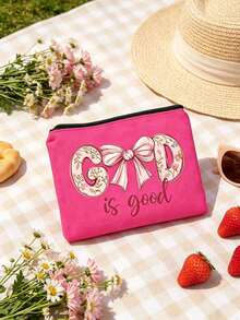 Cosmetic Bag, God Is Good Coquette Bow Floral Print Makeup Pouch, Canvas Zipper Toiletry Bag, Portable Travel Storage Pouch, Women Gift For Holiday Party Daily Use - Multicolor - View 2