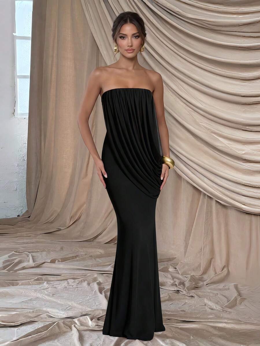 Elegant French Romantic Wedding Evening Party Strapless Ruched Dress - Black - View 1