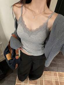 春夏法式蕾絲吊帶背心上衣 灰色 性感風 內墊內襯 秋冬保暖打底上衣 女款休閒 - 灰色 - 查看 2