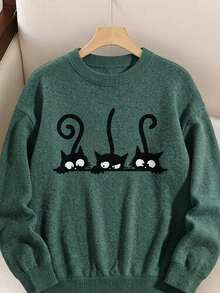 Women's Plus Size Three Kittens Pattern, Long Sleeve Round Neck Regular Fit Sweater, Ideal Choice For Autumn/Winter - Green - View 1