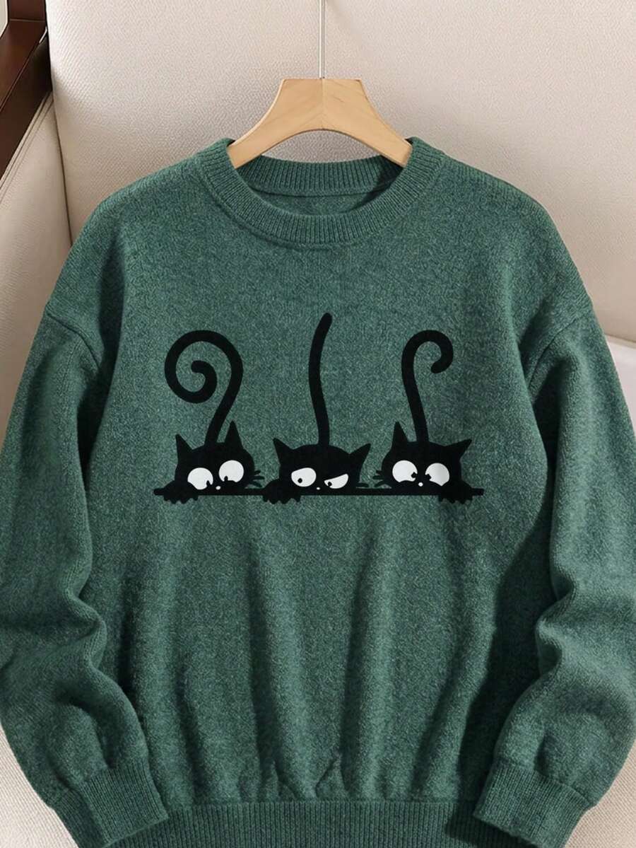 Women's Plus Size Three Kittens Pattern, Long Sleeve Round Neck Regular Fit Sweater, Ideal Choice For Autumn/Winter - Green - View 1