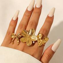 3pcs Elegant Flower Heart Bow Stainless Steel Gold Plated Open Ring Set For Women, Suitable For Daily Wear, Dating, Shopping, Party - As Shown - View 1