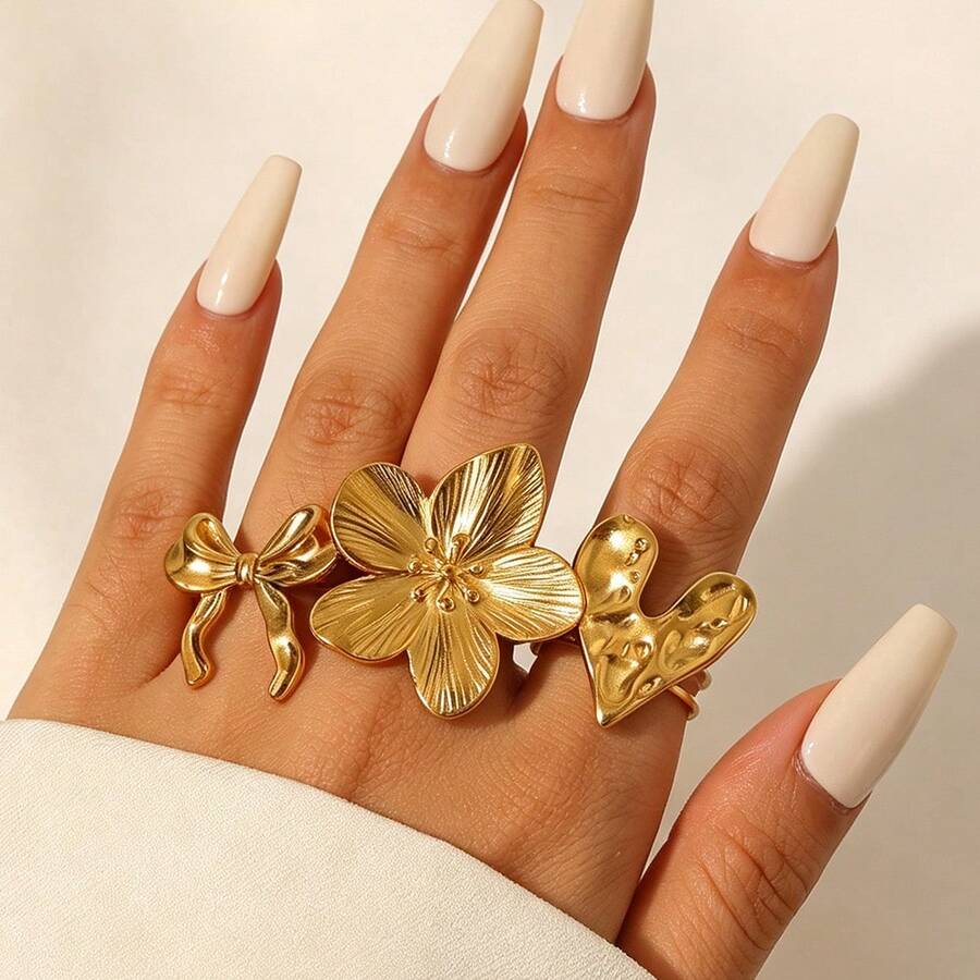3pcs Elegant Flower Heart Bow Stainless Steel Gold Plated Open Ring Set For Women, Suitable For Daily Wear, Dating, Shopping, Party - As Shown - View 1