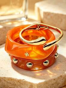 Conjunto de pulseras apilables estilo punk Y2K con remaches naranja y dorado para mujer, pulseras gruesas de acrílico estilo europeo y americano, pulseras apilables para la muñeca - Naranja redonda con múltiples perlas + flor de naranja retorcida + gota de agua dorada - Ver 2