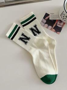 1pair Women's White Fashionable Retro Sport Mid-Calf Socks With Letter Print, Fall - White - View 13