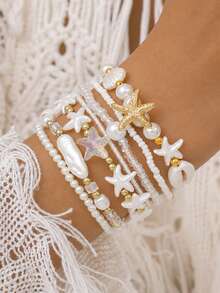 7pcs Bohemian Layered Bracelet Set, Starfish Shell Faux Pearl Beaded Multi-Layer Women's Bracelets, Beach Vacation Wear - Multicolor - View 6