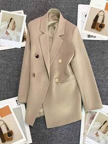 Spring/Summer Women's Solid Color Long Sleeve Double-Breasted Blazer, Notched Collar | Suitable For Dates, Parties, Outings And Holiday Celebrations - Ginger - View 2