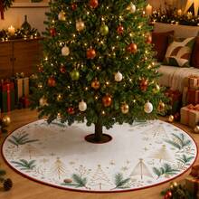 1 buah Alas Pohon Natal Motif Pohon Pinus Garis Tipis Emas, Dekorasi Liburan Warna Elegan, 5 Ukuran, Hadiah Liburan Unisex, Cocok Untuk Dekorasi Natal di Rumah dan Pesta - Garis-garis emas halus membingkai pohon pinus. - View 4