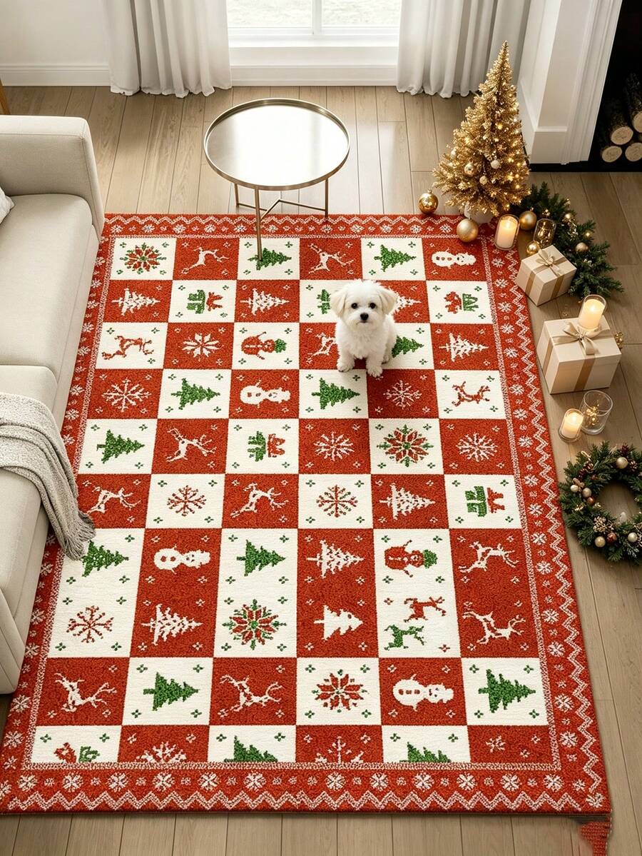 1pc Red & White Plaid Living Room Rug, Thickened Carpet, Plush Rug, Autumn/Winter Rug, Thick Rug, Living Room Area Rug, Small Area Rug, Mat, Home Decor, Large Living Room Carpet, Round Rug, Living Room Home Decoration, Room Decor, Washable Rug - Multicolor - View 1