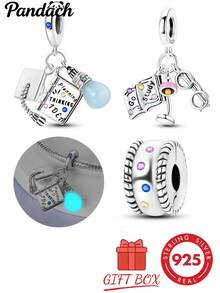 1pc S925 Sterling Silver Learning Book Theme Pendant Bead, Glow-In-The-Dark Light Bulb, Scroll And Microscope Colorful Zirconia Design, With Rhinestone Spacer Beads, Comes With Gift Box, Suitable For Bracelet And Necklace DIY, Student Inspirational Artistic Commemorative Versatile Silver Accessory - Multicolor - View 1