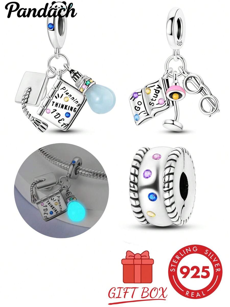 1pc S925 Sterling Silver Learning Book Theme Pendant Bead, Glow-In-The-Dark Light Bulb, Scroll And Microscope Colorful Zirconia Design, With Rhinestone Spacer Beads, Comes With Gift Box, Suitable For Bracelet And Necklace DIY, Student Inspirational Artistic Commemorative Versatile Silver Accessory - Multicolor - View 1