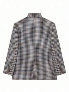 女款春夏復古格紋不對稱西裝外套，休閒時尚西裝夾克 - 藍色 - 查看 5