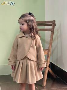 Vihyde Set 2 Potong Jaket Pendek Kerah Lapel Gaya Inggris & Rok Plisket Campuran Wol untuk Anak Perempuan Muda Musim Gugur/Dingin Outfit Musim Gugur - Aprikot - View 2