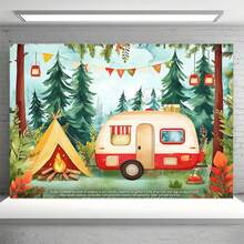 Large-Scale Camping Theme Background Cloth, Tent, Bus, Camping Design, Suitable For Indoor And Outdoor Parties, No Electricity, Suitable For Room Decoration Banner Background. - 1 - View 6