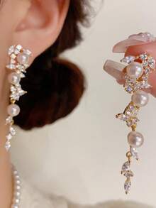 1 Pair Of Fashionable Personalities Long Style Faux Pearl Earrings Sweet And Minimalist Style Wedding Party Accessories - Silver - View 4