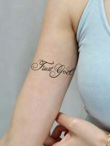 1 Sheet Ornate Cursive Faith Quote Temporary Tattoo Stickers, Fancy Swirl Decorative Script Fake Tattoos, Elegant Vintage Body Art For Women Girls, Waterproof Upper Arm Forearm Decor - Black - View 3