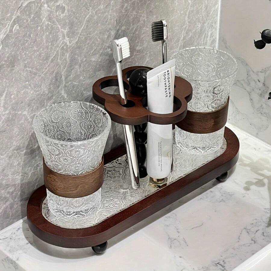 1pc Vintage Toothbrush, Toothpaste And Toothbrush Holder With Integrated Mouthwash Cup |, Floor Standing, Includes Toothbrush Holder, Toothpaste Squeezer, Mouthwash Cup, Suitable For Bathroom And Washroom - Multicolor - View 1