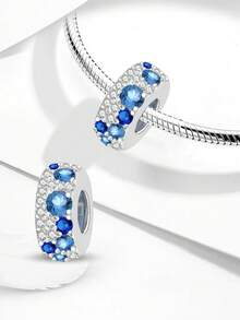 1pc Blue Full Rhinestone Ocean Style Beaded Charm, Suitable For Women's Bracelet, Bangle DIY Jewelry Making And Daily Wear Accessories - Silver - View 7