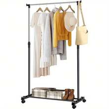 1pc Simple Home Single/Double Rod Clothes Rack, Multifunctional Floor Standing Coat Rack With Wheels For Hanging And Displaying Clothes, Portable Storage Rack, Room Decor, Home Decor, Autumn Decor, Bedroom Decor - Multicolor - View 3