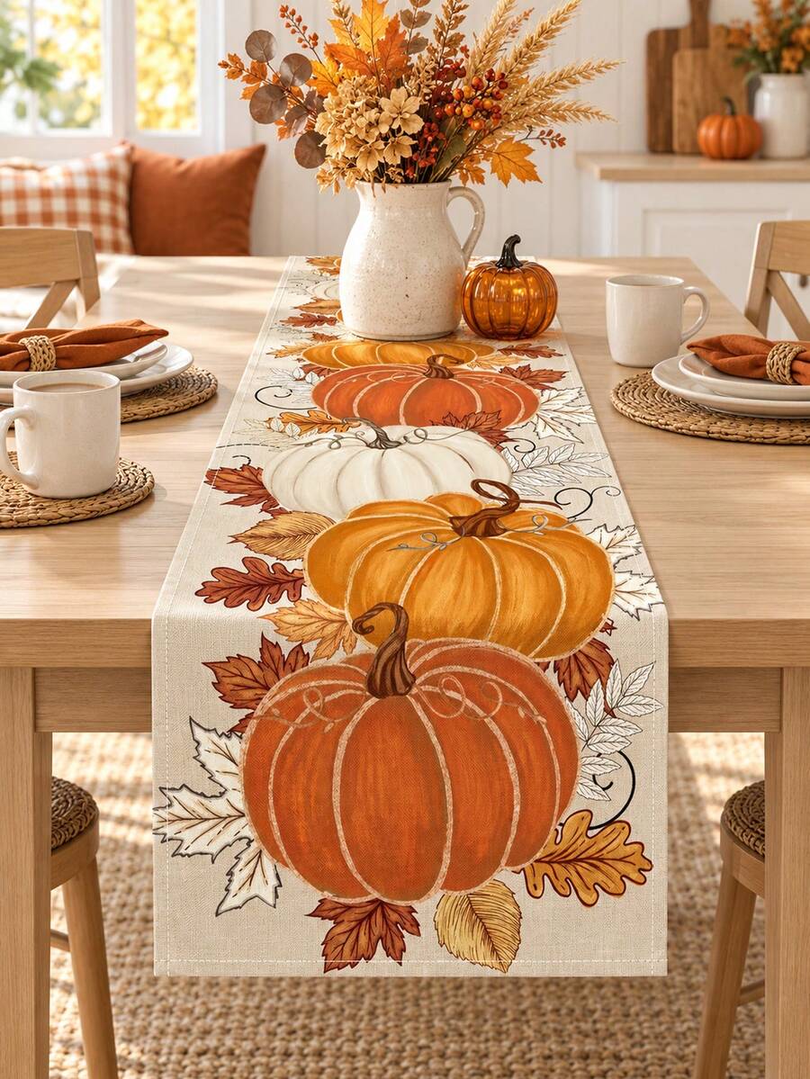 1pc Pumpkin Fall Table Runner, Rustic Autumn Linen Table Runner, Rectangular Farmhouse Thanksgiving Table Decor, Harvest Pumpkin Leaf Dining Tablecloth Runner For Fall Thanksgiving Dinner Party Home Kitchen - Multicolor - View 1