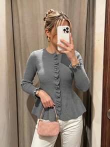 Women's Autumn/Winter Solid Color Frill Trim Cinched Waist Knit Cardigan, Slim Fit A-Line Hem Long Sleeve Base Layer Top - Grey - View 4