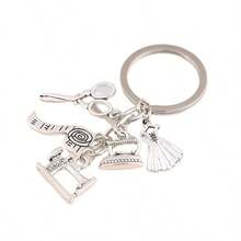 1pc Vintage Silver Sewing Themed Keychain, Scissors Machine Measuring Tape Charms Key Ring, Bag Pendant Gift For Tailor Seamstress - Multicolor - View 2