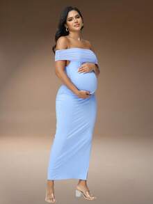 JustVH Maternity Mesh Off Shoulder Elegant Summer Sleeveless Dress For Baby Shower Photoshoot Spring Fall - Baby Blue - View 6